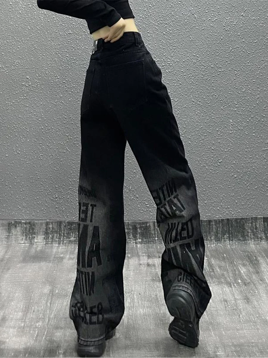 

Черные прямые винтажные джинсы, женские свободные джинсы-бойфренды, женские брюки в стиле панк с надписью, забавные готические крутые женск...
