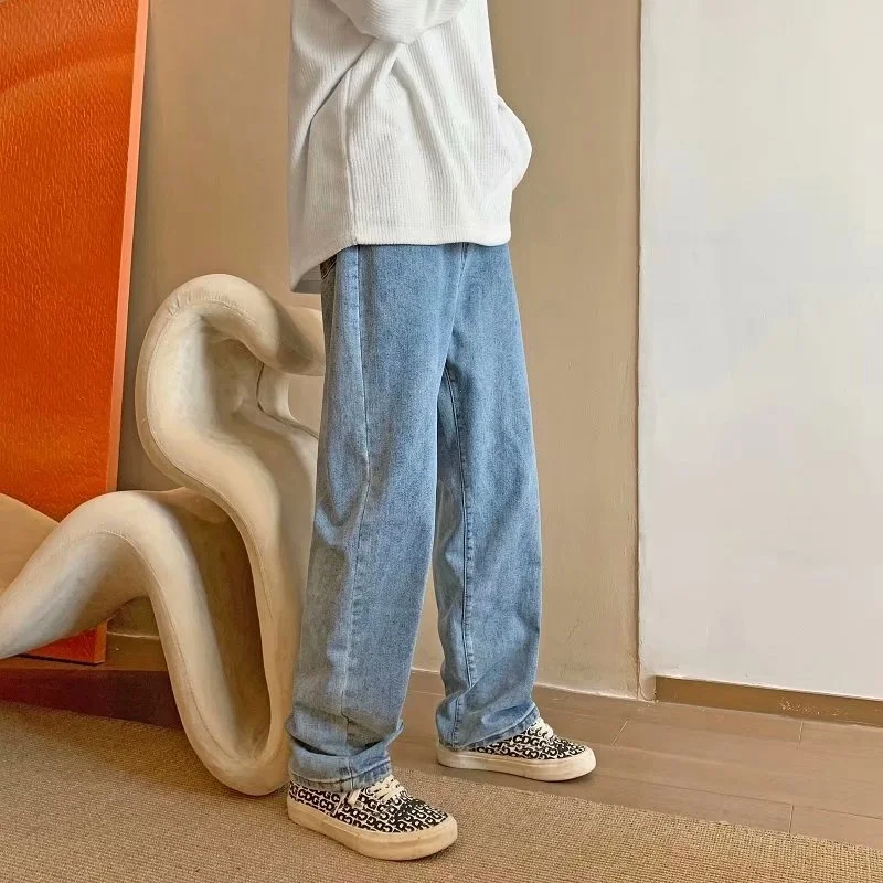 Blue/Grey Belt Jeans Men Fashion Retro Casual Straight Jeans Men Streetwear Loose Hip Hop Denim Pants Mens Trousers M-3XL