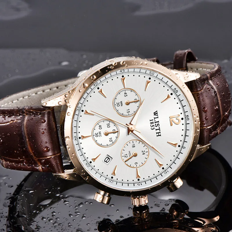 WLISTH Original Watch Men Top Brand Luxury Chronograph Quartz Calendar Watches Waterproof Luminous Leather Wristwatch Men Clock