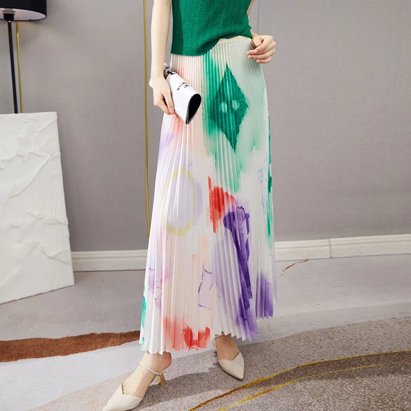Pleated Skirt For Women 45-75kg 2022 Summer New Fashion High Waist Miyake Pleated Printed Big Swing Long Skirt Ankle Length