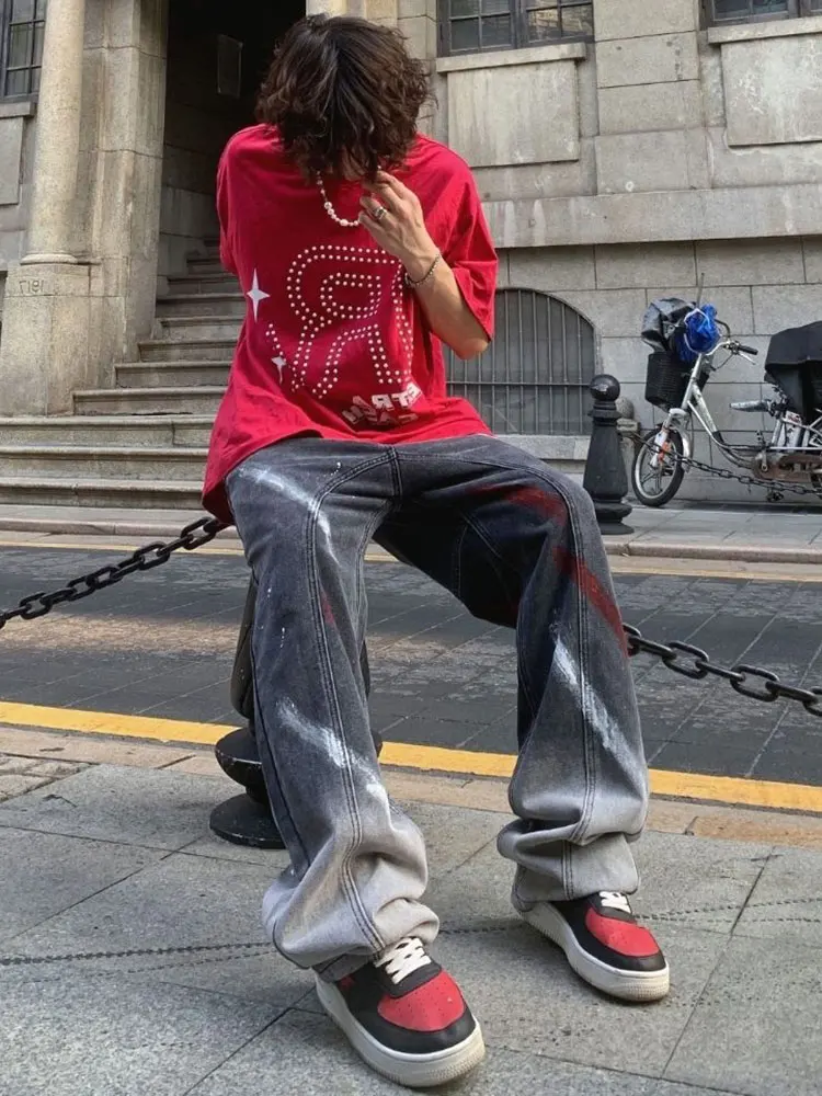 

Женские прямые джинсы Tie Dye в стиле ретро, Модные свободные широкие джинсовые брюки в стиле хип-хоп, 2022