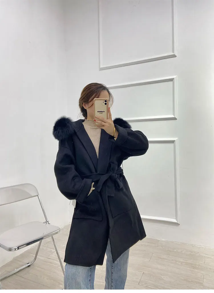 FURYOUME Winter Cashmere Coat Women Real Fur Coat Mid-length Wool Jacket Camel Black Outerwear Fox Fur Collar and Cuffs Belt
