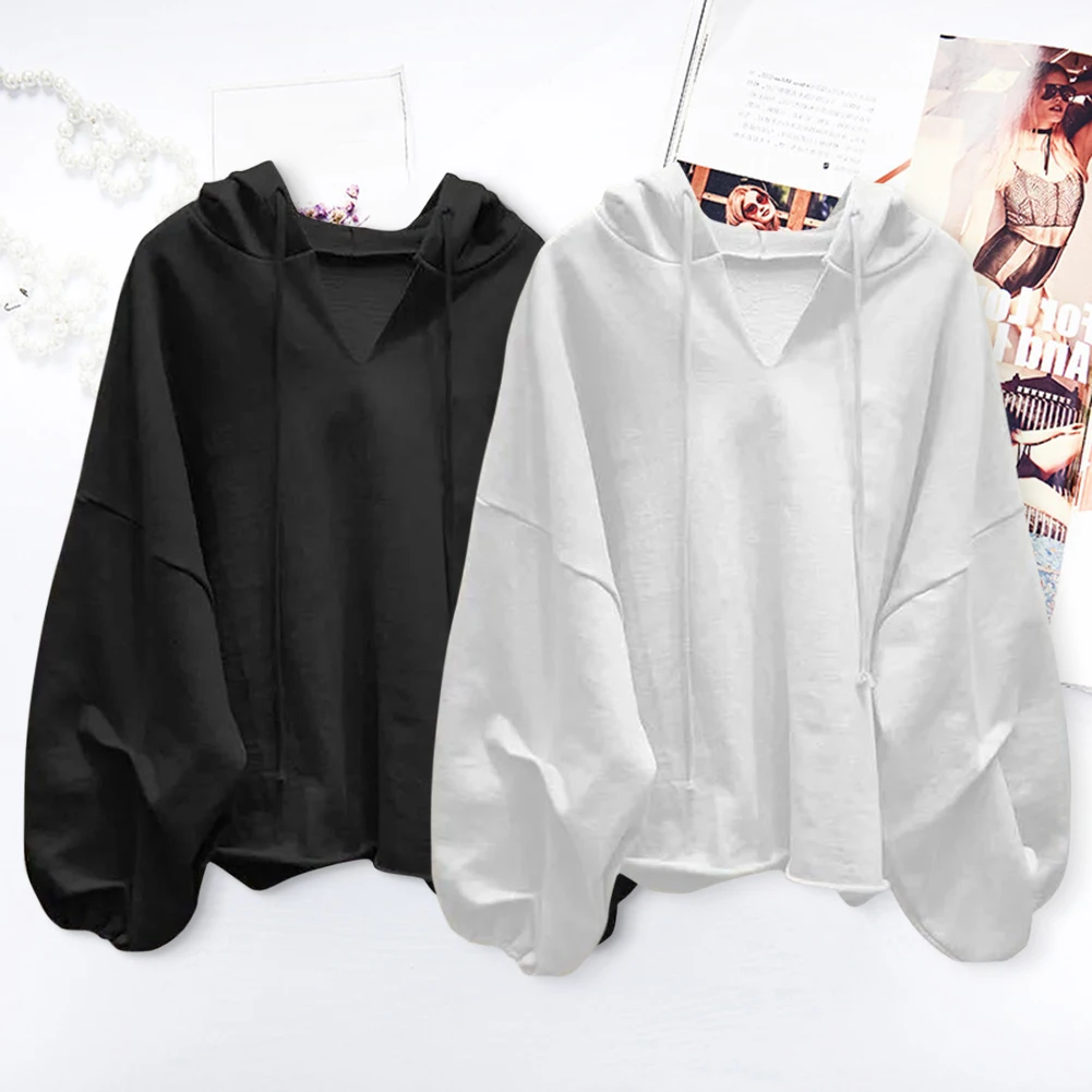 

Comfotable V Neck Loose Hoodies Women Puff Sleeve Solid Sweatshirt Autumn Pullovers Streetwear Lazy Versatile Top
