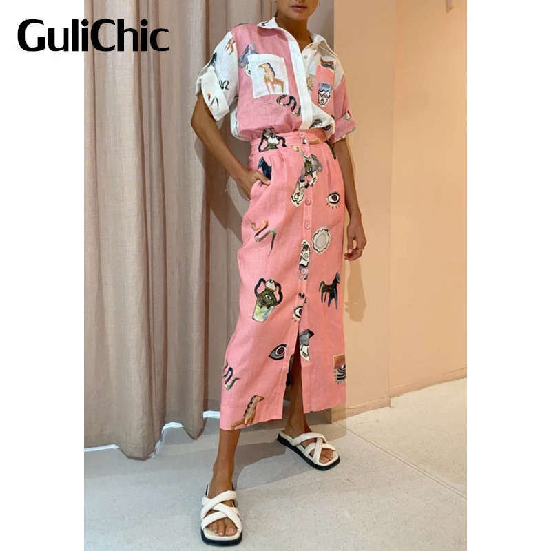 

Женский комплект одежды GuliChic 7,16 года, свободная льняная рубашка контрастных цветов с вышивкой или юбка с высокой талией и разрезом