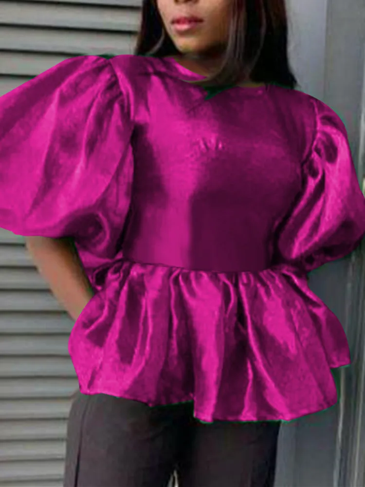 Блузка женская стрейчевая с коротким рукавом элегантная рубашка-стрейч буффами