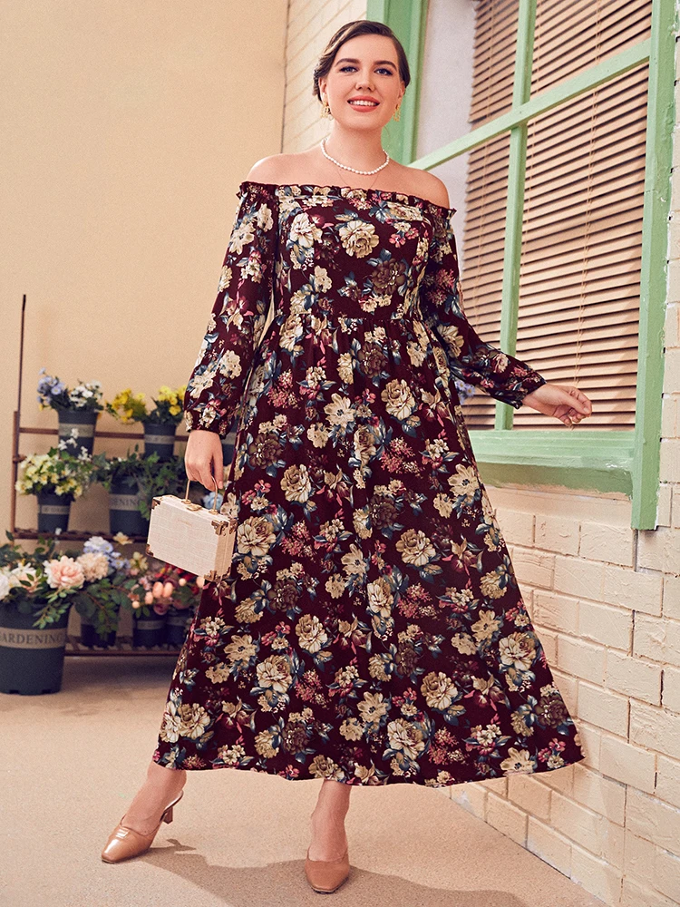 

TOLEEN Women Plus Size Large Elegant Maxi Dresses 2022 Off Sholder Long Sleeve Floral Oversized Party Evening Festival Clothing