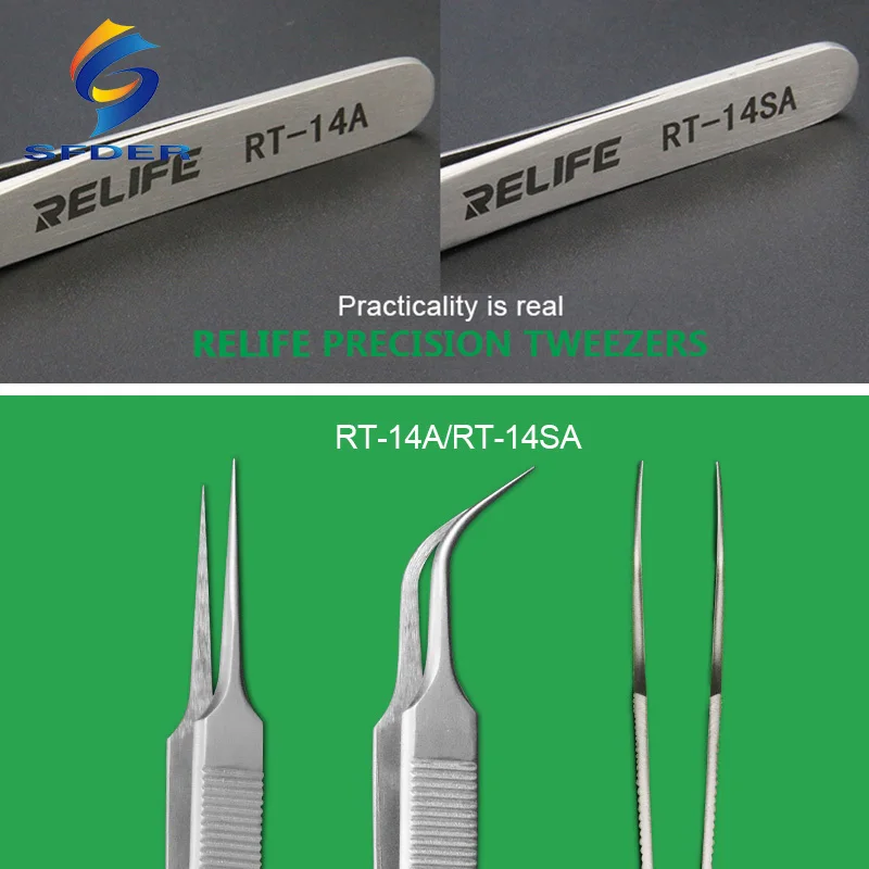 Пинцет для ремонта мобильных телефонов Relife RT-14A RT-14SA с антистатическим и противоскользящим покрытием, высокой прочностью, точным наконечником и возможностью захвата микрочипов.