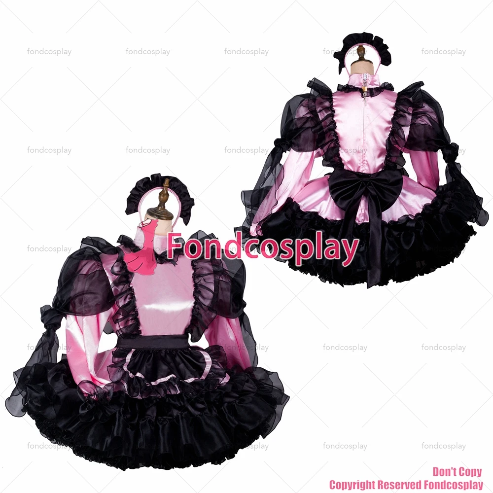 

tailor-made sexy adult dressing cross maid sissy baby pink satin dress lockable uniform black apron costume tv/cd[g2415]