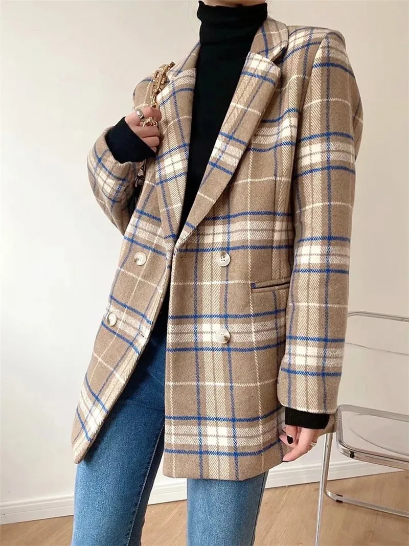 Plaid Blazer Suit Women Contrast Colors Casual Commute Mid Length Office Blazers Double Breasted Woolen Coats 2021 New Fashion