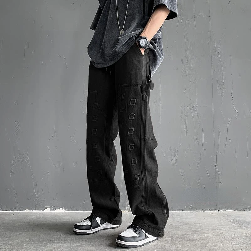 Brown Coffee Color Overalls Trend American Jeans Men's Street High Street Pants Design Sense Straight Casual Trousers Streetwear