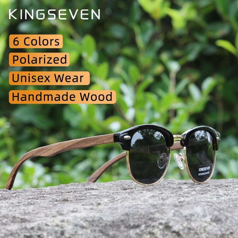 

KINGSEVEN Black Walnut Wooden Sunglasses Men/Women Handmade Polarized UV400 Semi-Rimless Retro Eyewear Oculos 2022 New Style