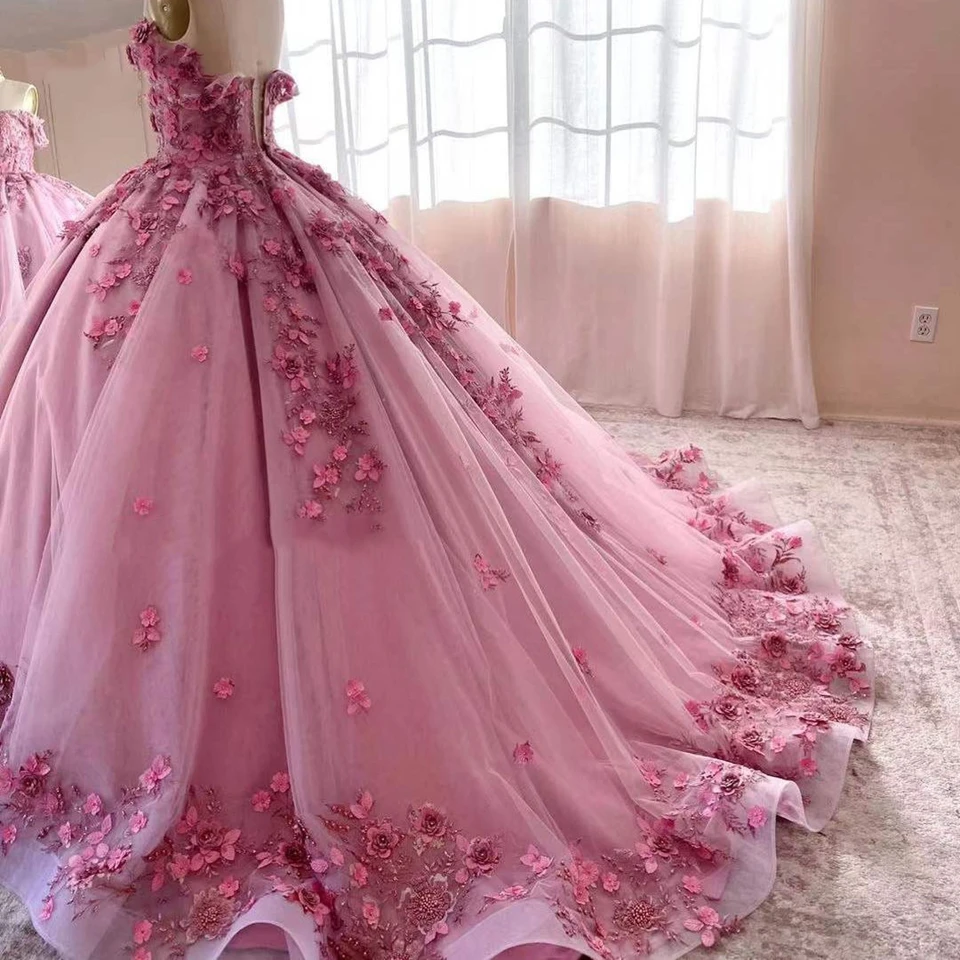 ANGELSBRIDEP розовые платья Quinceanera с 3D аппликациями и кружевными цветами выпускные
