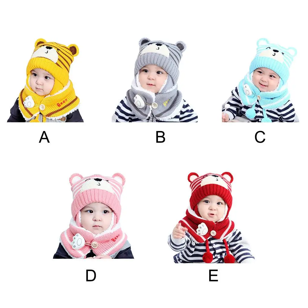 Pack of 2 Baby Hat Wool Yarn Cute Appearance Kids Clothes Neck Gaiter Winter and Fall Keep Warm Bear Shape Ear Flap