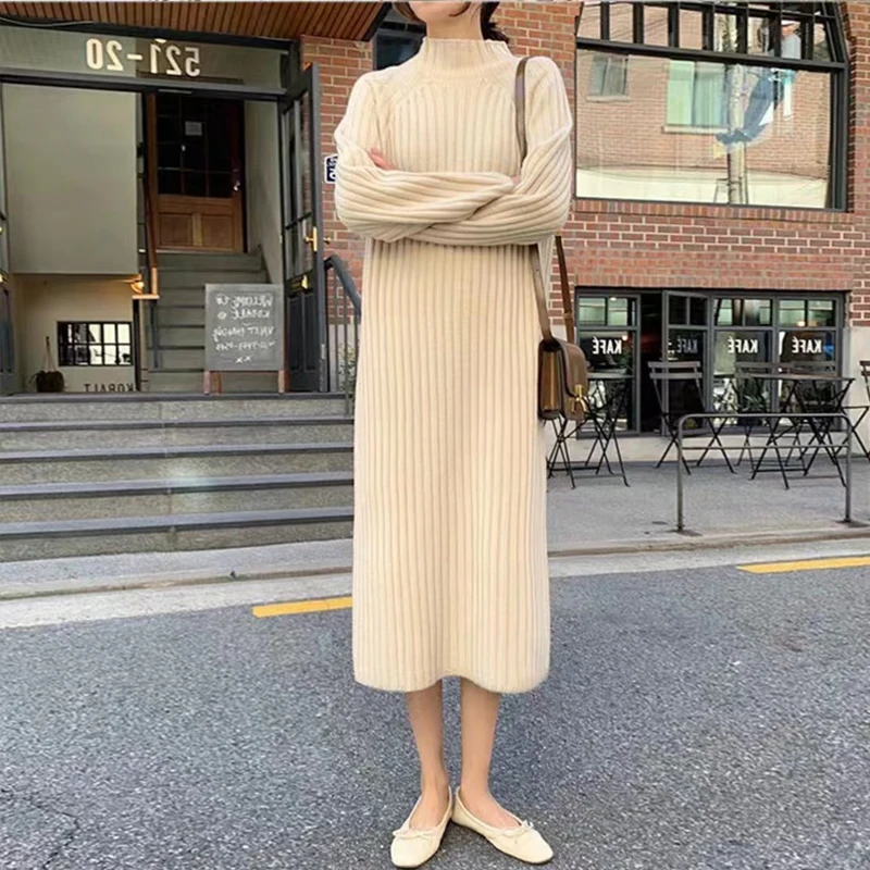

Autumn Winter Half Turtleneck Mid-length Loose Vertical Strip Knitted Sweater Skirt Casual Solid Color Warm Dress for Women