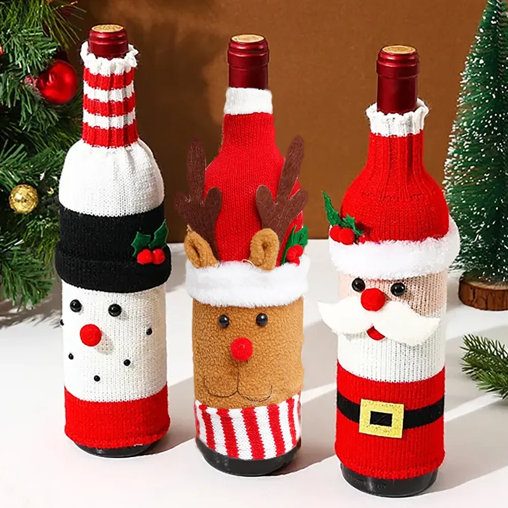

Christmas Wine Bottle Cover Holder Set Santa Snowman Woven Wine Bottle Bags for Xmas Party Dinner Table Decoration New Year Gift