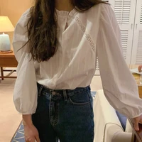 exquisite french girl shirt women lace stand collar button up loose stripe white shirt spring summer blusas mujer de moda 2022