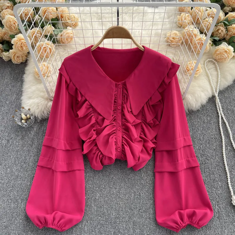 

Design sense ruffled Lantern long Sleeve White Shirt Top autumn women's loose sunscreen shirt blusas mujer de moda 2022