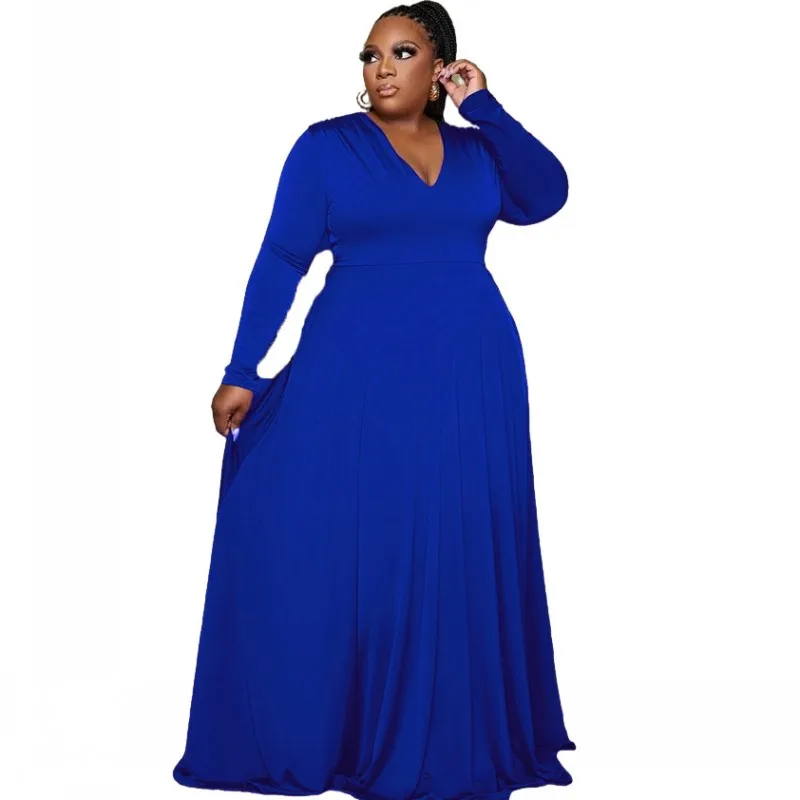 

African Maxi Dresses For Women High Waist V Neck Full Sleeve Robe 2022 Spring New Fashion Solid Casual African A Line Dress 2022