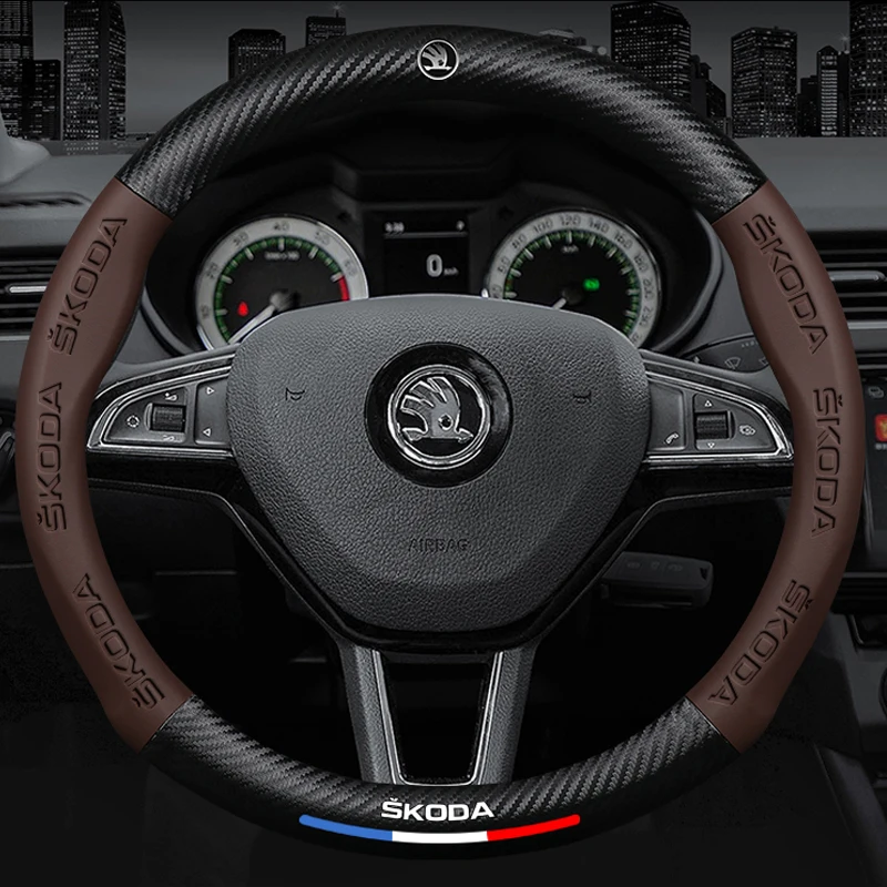 

38cm Car Anti-Slip Leather Carbon Fiber Steering Wheel Cover for Skoda Fabia Octavia a7 RS Superb Rapid Yeti Karoq KODIAQ