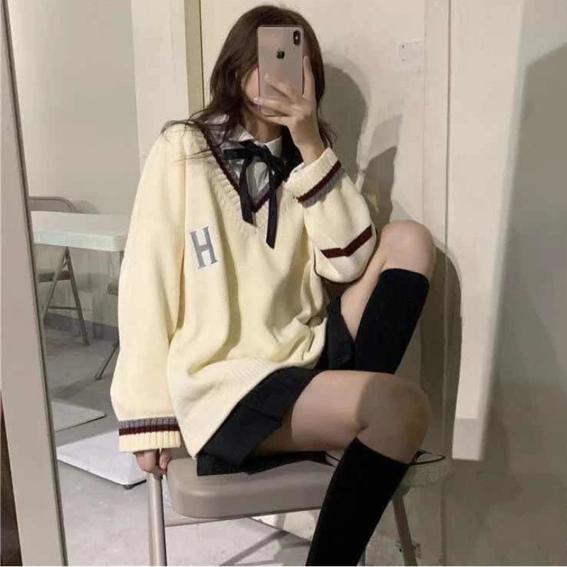 

Sweaters Pullover Korean Fashion Japanese School Uniform Preppy Style Autunm Winter Jersey Female Simple Jumper Basic Tops 2022