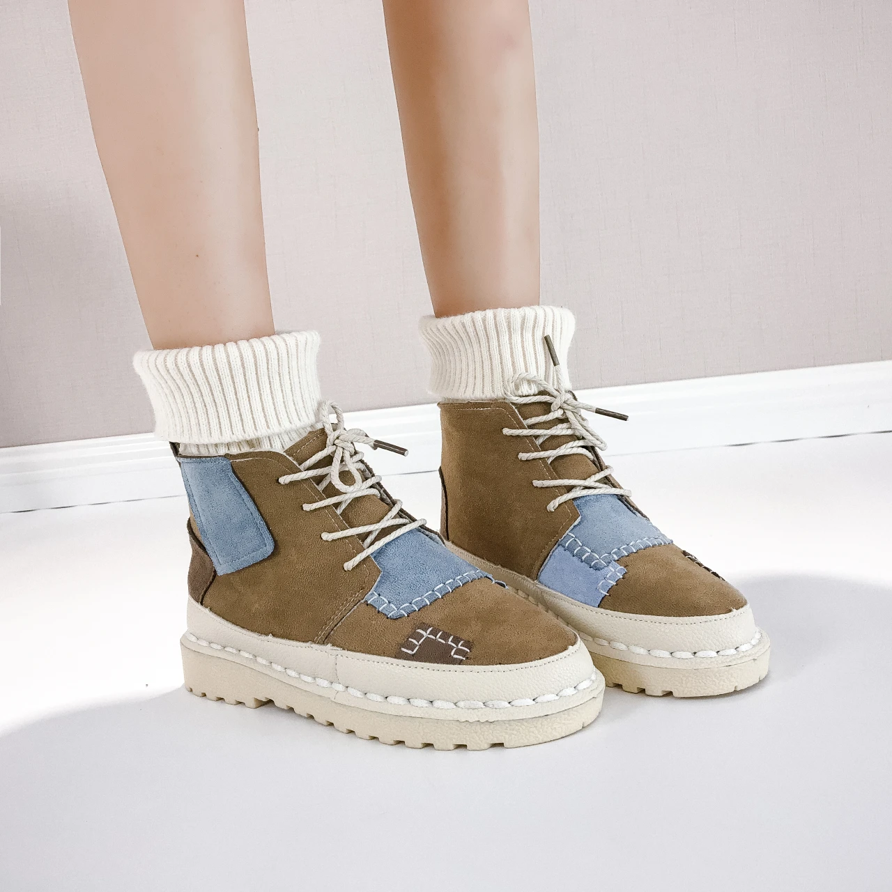 

Women Spring Autumn Boots 2023 Fashion Lace-Up Women Shoes Casual Mixed Colors High Quality Ankle Boots Female Round Toe