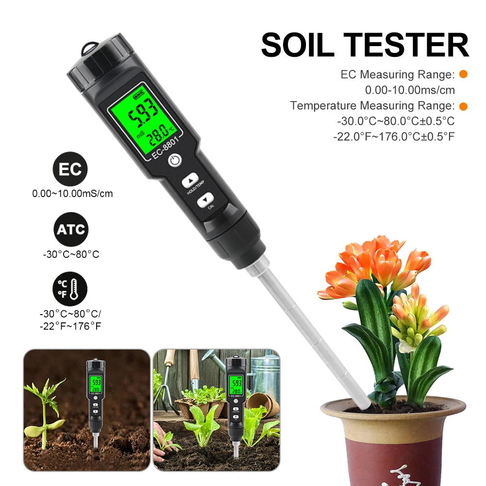 

Soil Tester EC Temperature Meter Detachable Probe 0.00-10.00mS/cm Digital Soil Meter LCD Display Backlight Potted Plant Garden