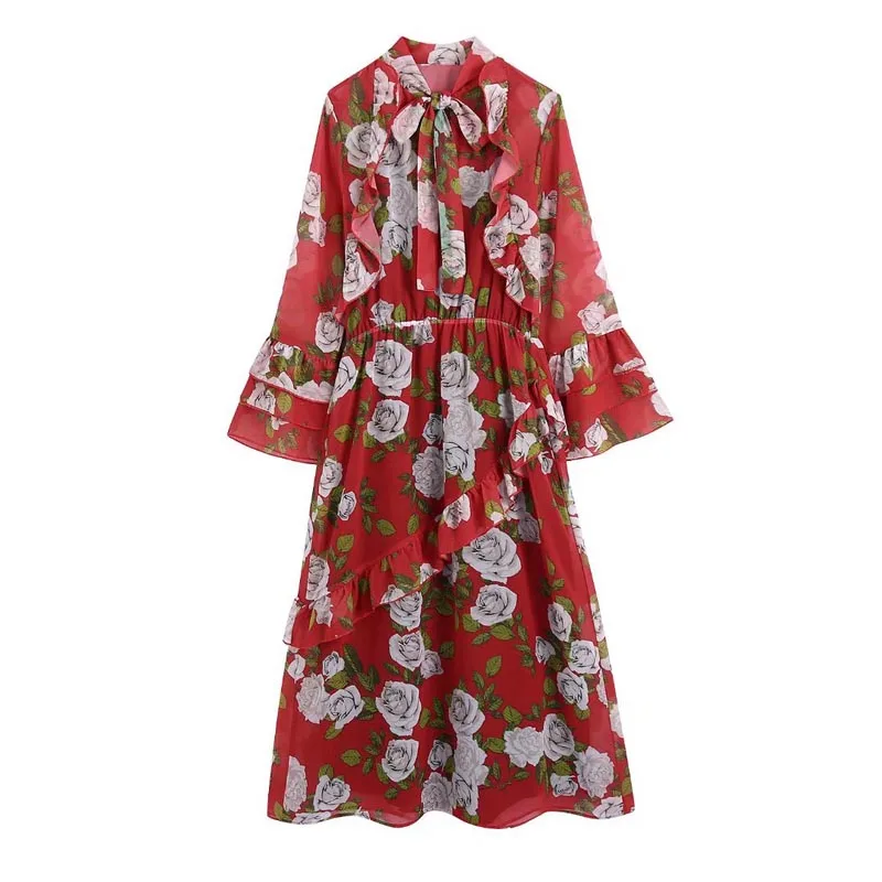 

KUMSVAG 2022 Summer Women Vintage Shirts Dress Print Floral Ruffles Bow Tie Female Elegant Street Chiffon Dresses Vestidos