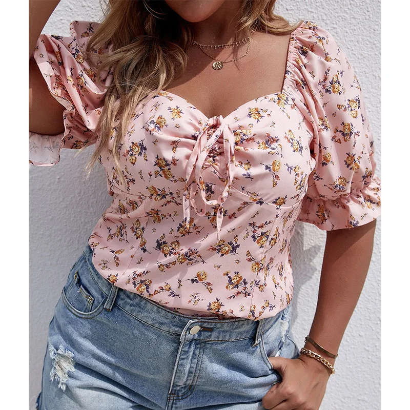 

Plus Size Short Sleeve T-Shirt Women Summer New Flower Print Puff Sleeve Square Neck Shirt Top Fashion Casual Holiday Pullover