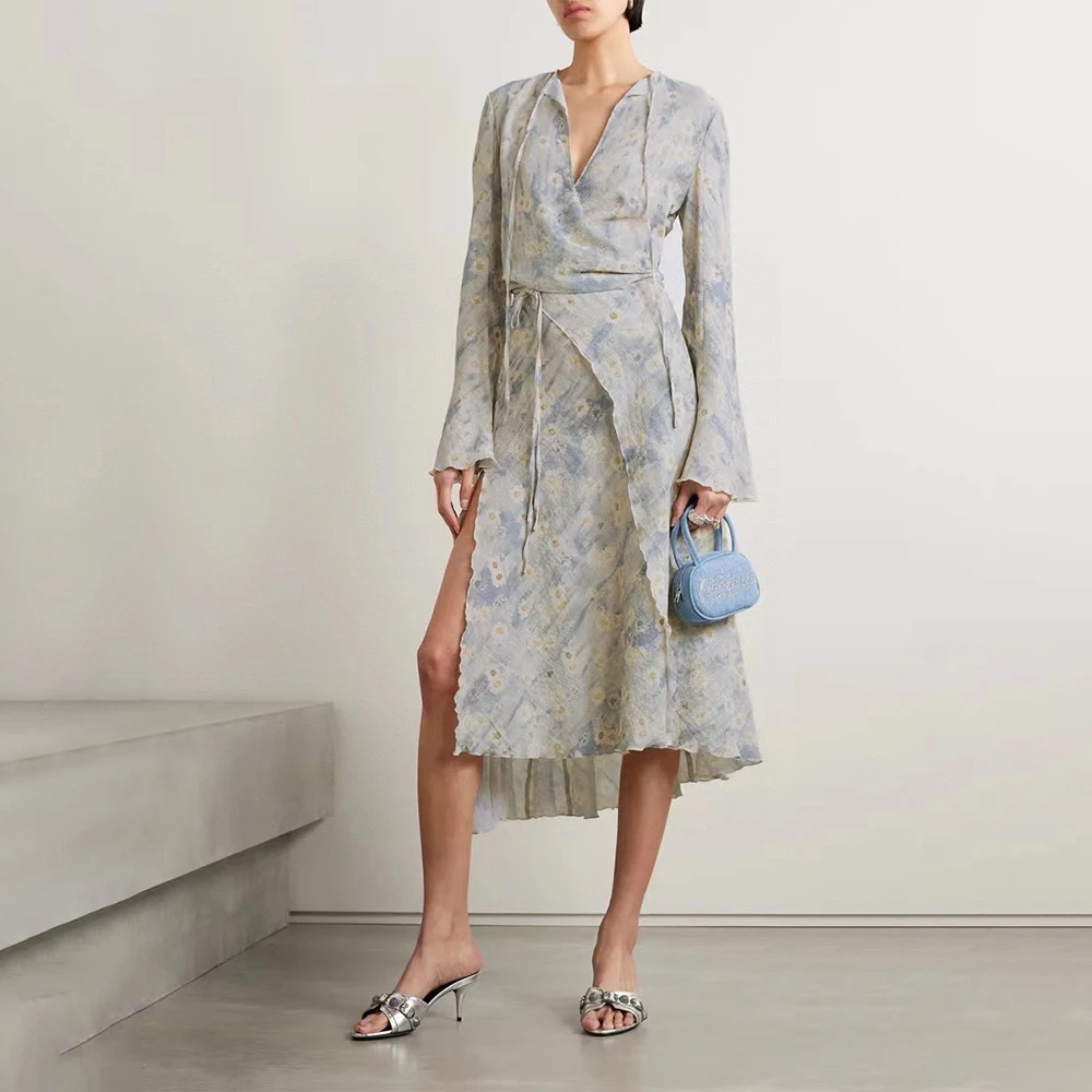 2023 new Women Natural Oil Painting Print dress Flare Sleeve Lace Wrapped Irregular High Waist Split Long Dress