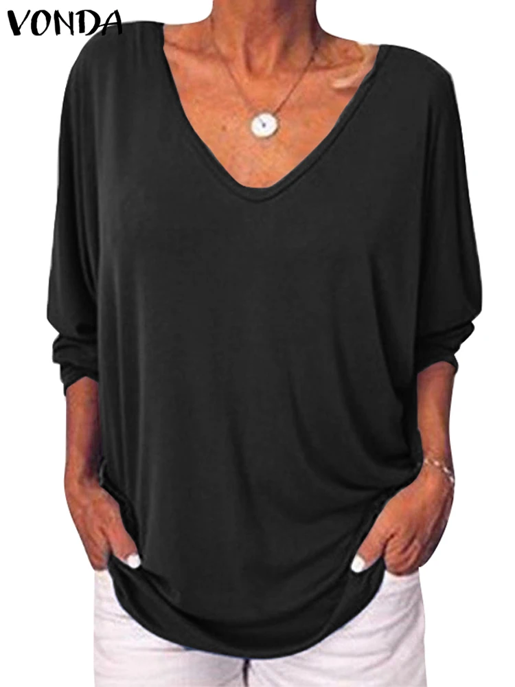 

Fashion Back Buttons Shirts VONDA Women Blouse Autumn Long Sleeve 2023 Sexy V-neck Casual Tops Solid Color Loose Blusas Feminina