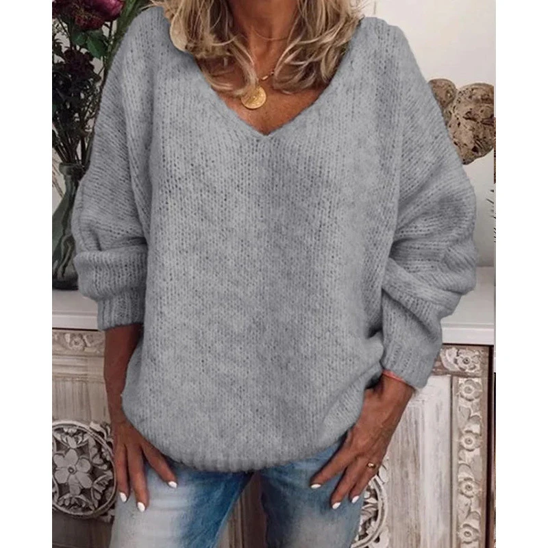 2022 Women's Autumn And Winter Cotton Blended Long Sleeve V-Neck Top Knitted Sweater Fashion Long Sleeve V-Neck Slim Casual Knit