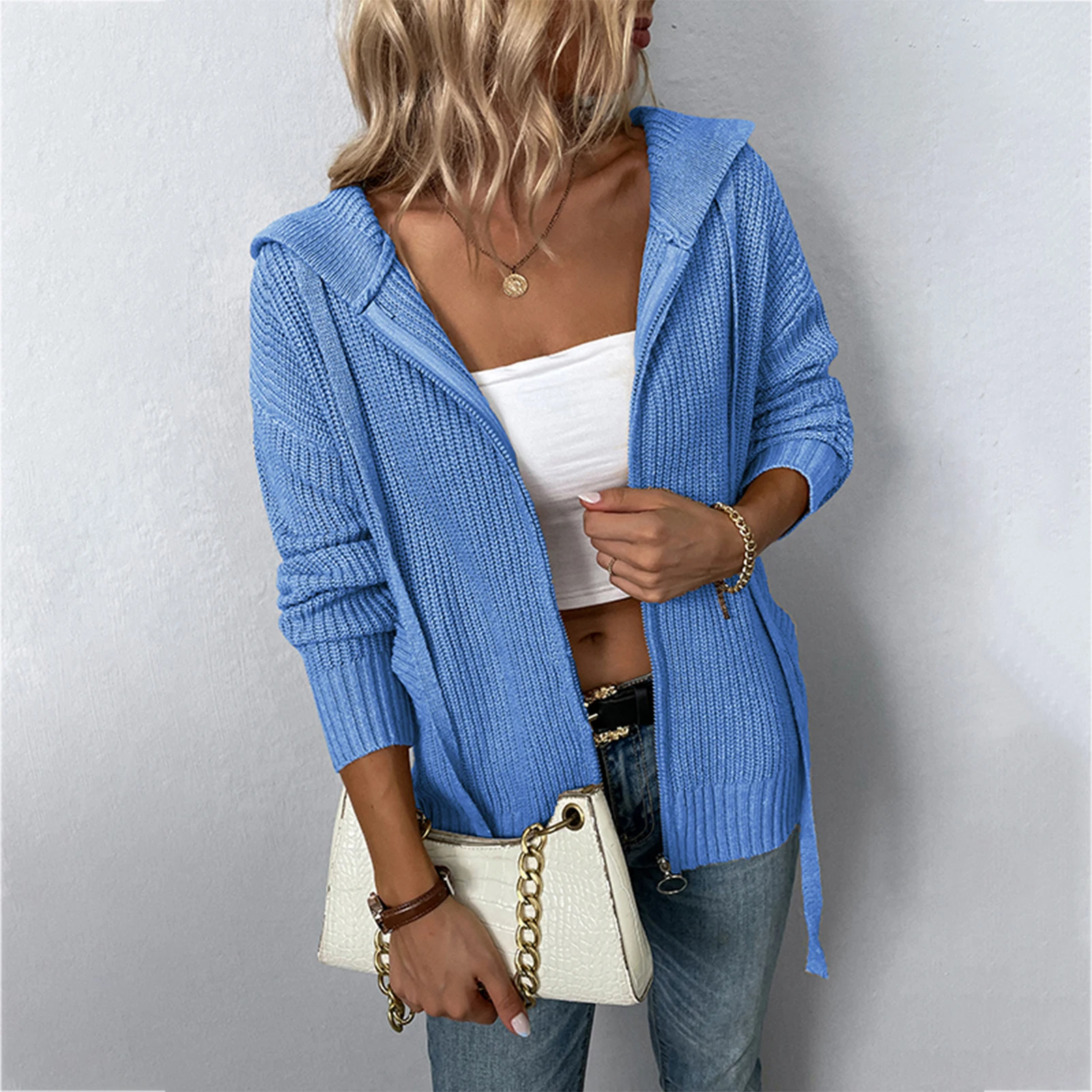 

Ladies Hooded Sweater Jackets Long Sleeve Women Open Front Cardigan Solid Color Hppdies Coat Loose Casual V Neck Daily Outfit