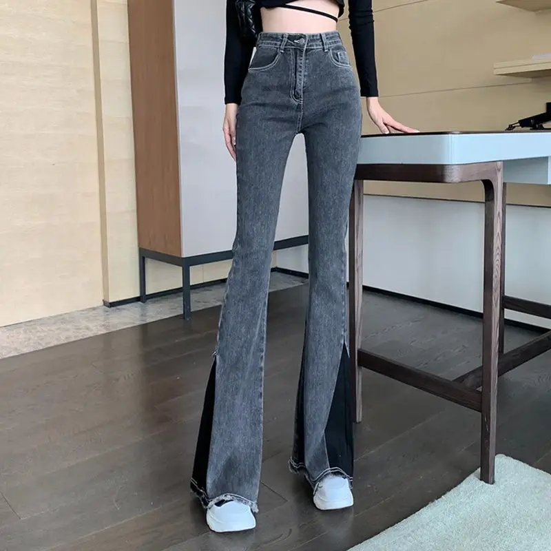 

Женские расклешенные джинсы с высокой талией, женские длинные брюки-трубы, Новые облегающие повседневные брюки-клеш микро, уличная одежда, ...