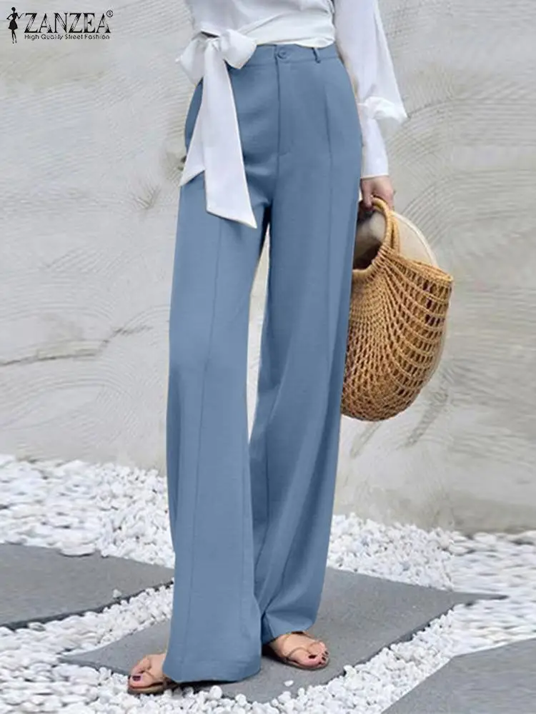 

Elegant Women OL Work Trousers Summer Fashion Solid Long Pants 2023 ZANZEA Stylish High Waist Wide Leg Pantalon Loose Palazzo