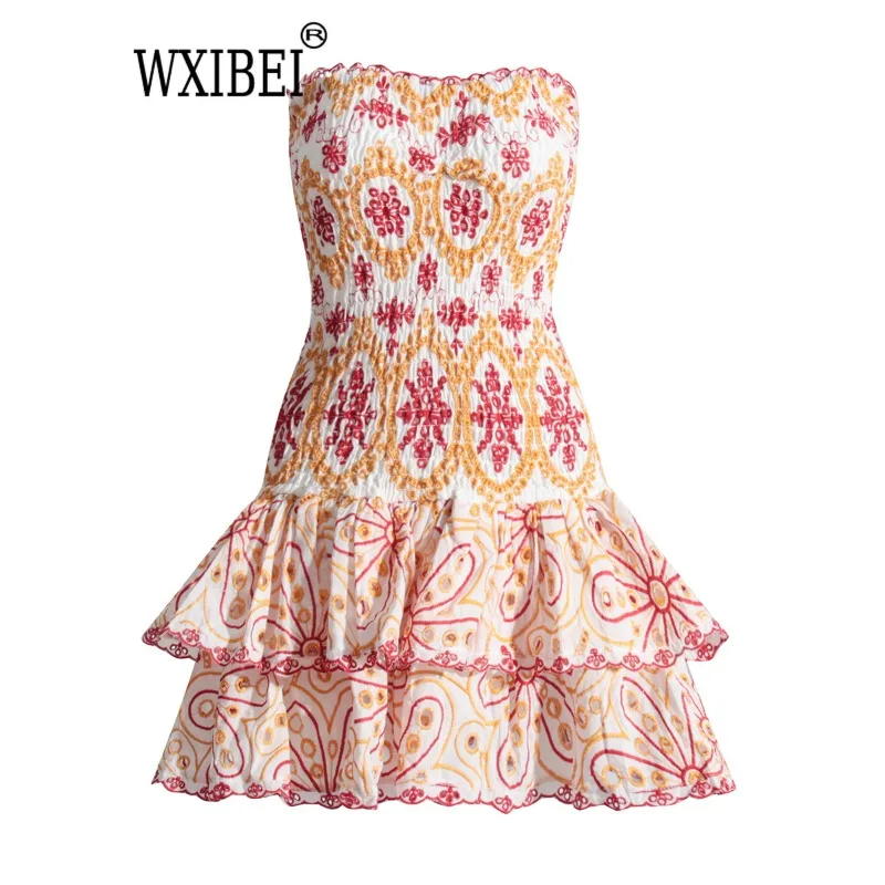 

WXIBEI Hit Color Print Dresses For Women Halter Sleeveless High Waist Folds Tierred Dress Female Fashion Clothing 2023 New FC942