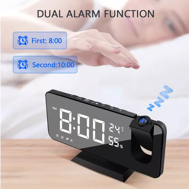

2023 LED Digital Alarm Clock Table Watch Electronic Desktop Clocks USB Wake Up FM Radio Time Projector Snooze Function 2 Alarm E