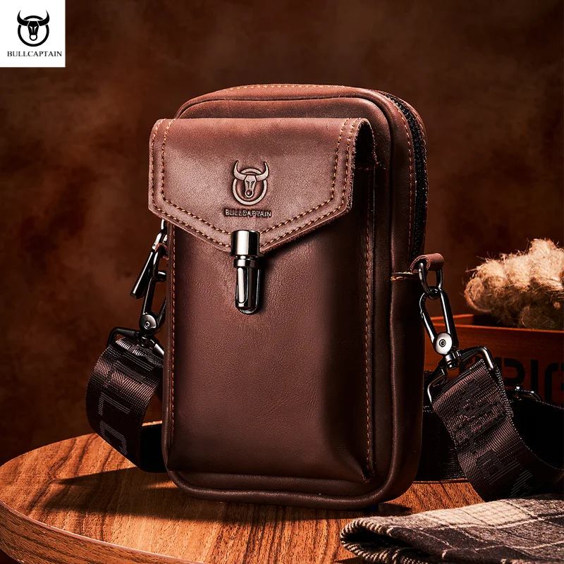 BULLCAPTAIN Crazy Horse Leather Men's Waist Bags Multifunctional 7-inch Mobile Phone Bag Bag Male Shoulder Messenger Bages Brown
