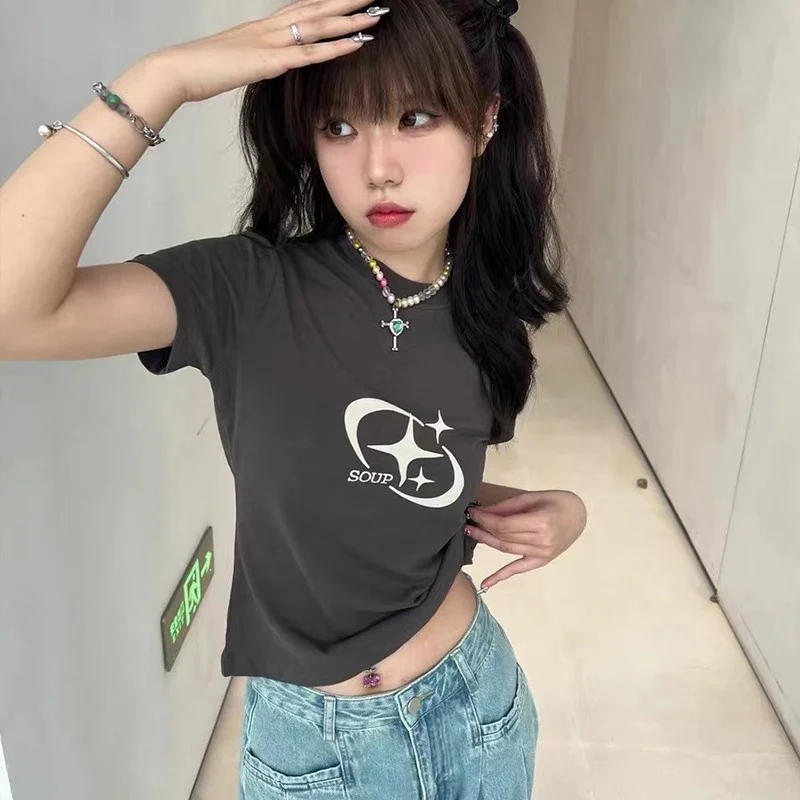 

Summer Y2k Grunge Print T-shirts Japanese Korean Sexy Women Short Sleeve Hrajuku Kawaii Slim Tees Short Tops For Teenager Girls