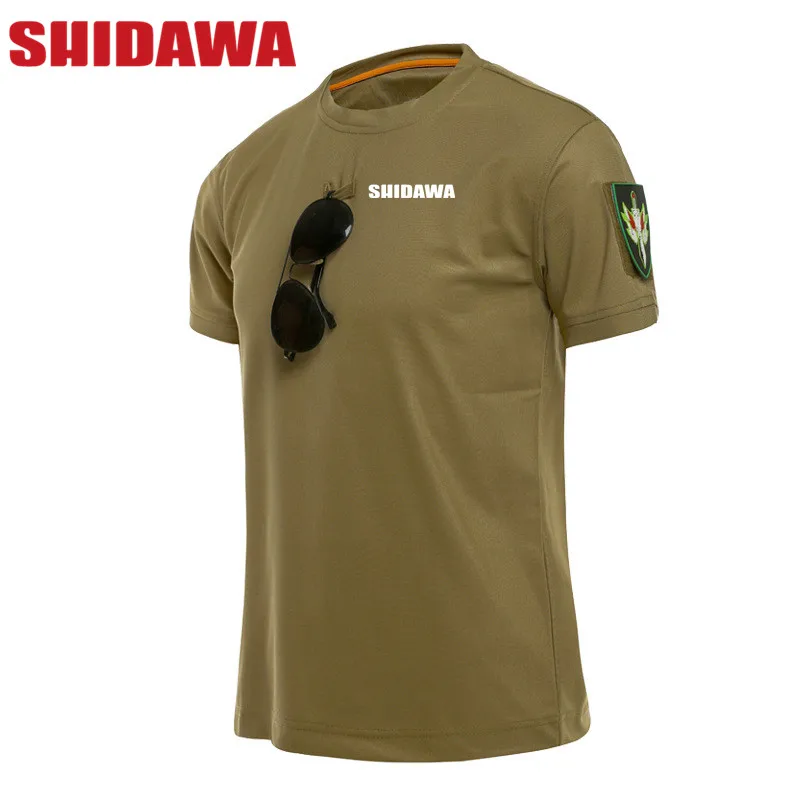 

Летняя мужская футболка с коротким рукавом для рыбалки, дышащая стрейчевая поглощающая пот Военная тренировка, тактическая походная одежд...