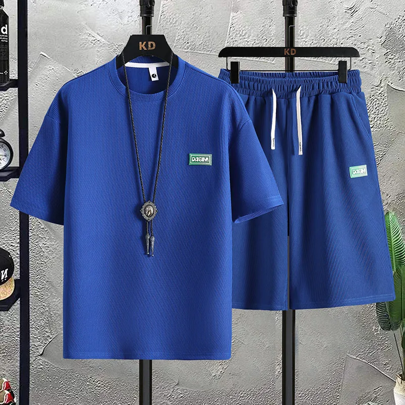 Men's Tracksuit Casual Sport 2-piece Set with Short Sleeve T-shirt and Shorts Waffle Loose Solid Color Men's Summer Sets
