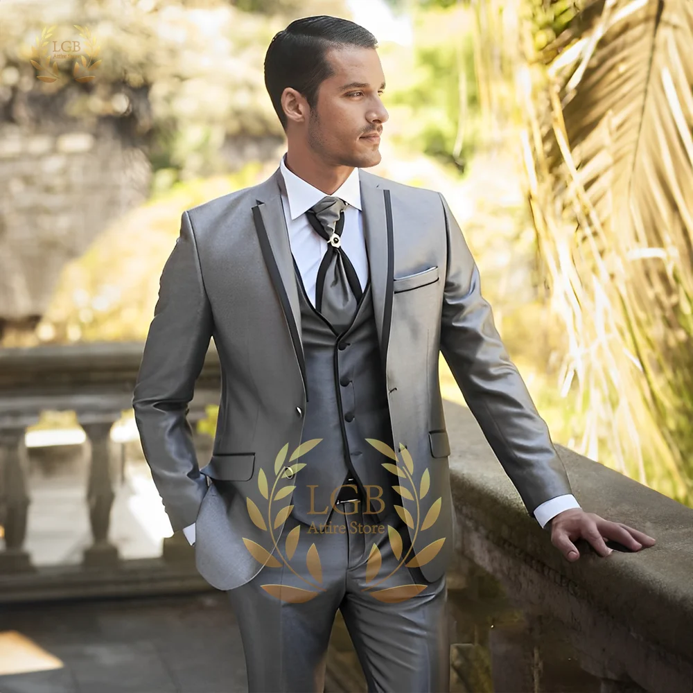 Heren grijs helder satijn 3- potp pak zwarte reversjas жилет броekpak aangepaste bruiloftsfeest diner коктейльная