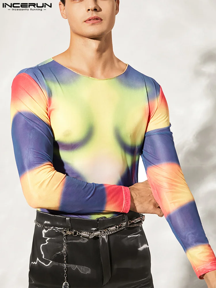 

Футболка INCERUN Мужская полупрозрачная, с круглым вырезом и длинным рукавом