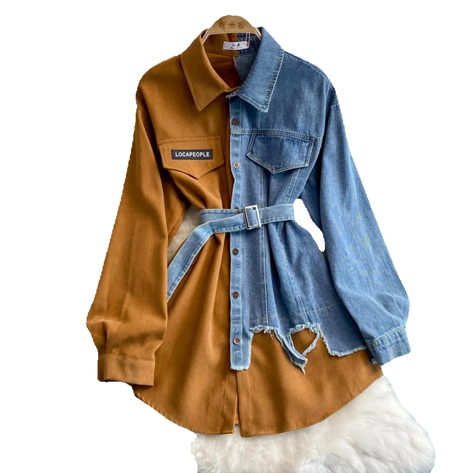 Джинсовое лоскутное платье с лацканами на осень-зиму новая корейская версия