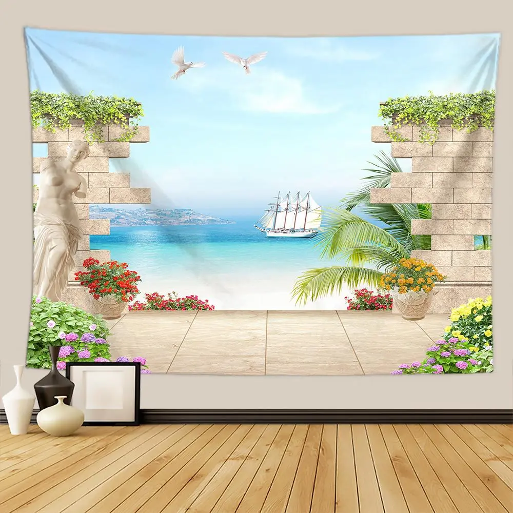 

Декоративный настенный гобелен с рисунком свежего здания, искусственная пальма, морской пейзаж, спальни, гостиной, общежития, домашний декор