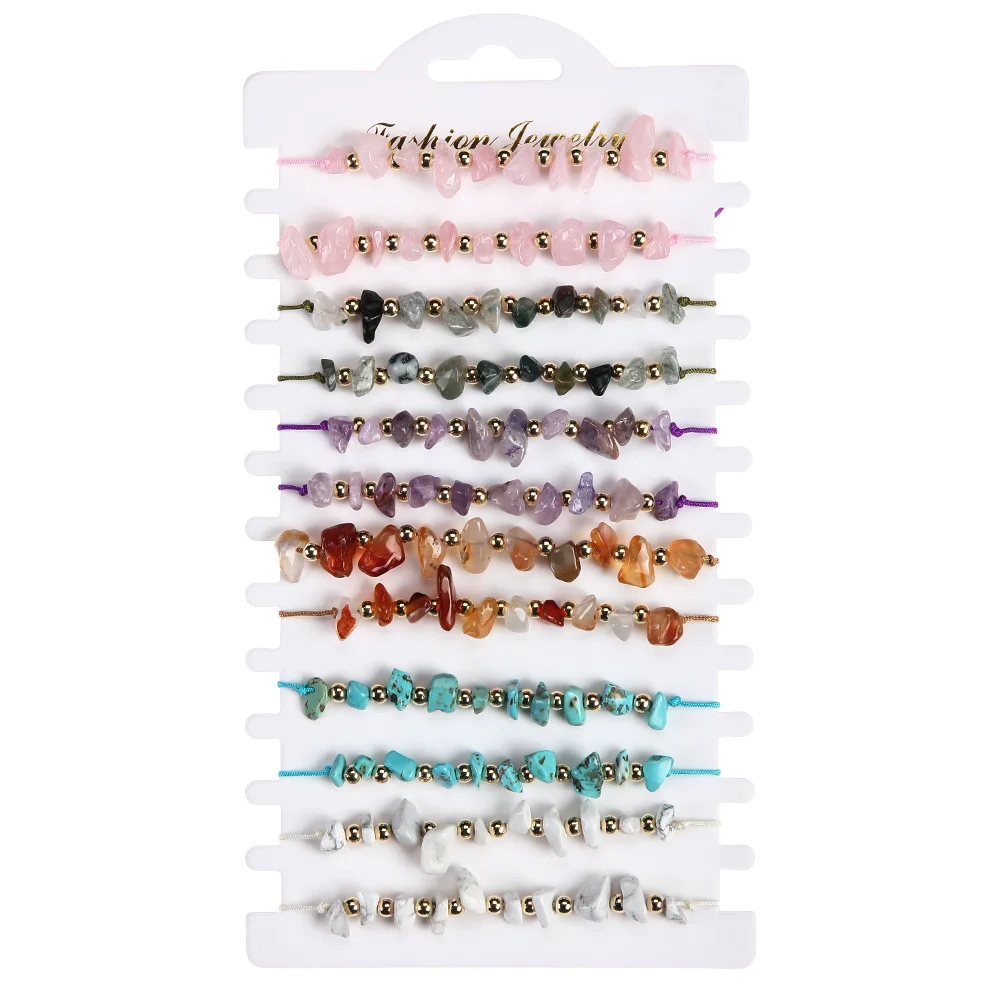 12Pcs Bohemian Random Color Summer Beach Gravel Anklet Bracelets for Women Men Colorful Stone Beaded Handmade Jewelry Wholesale