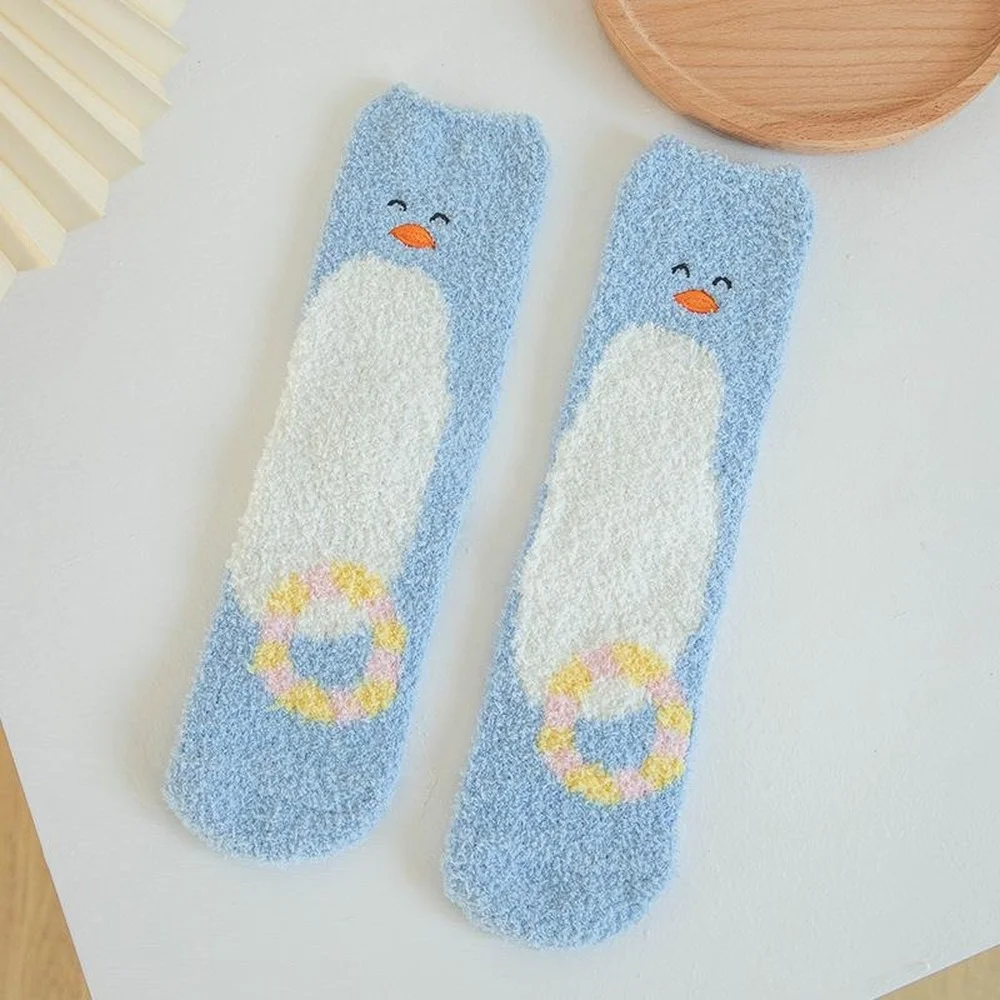 5 Pairs New Winter Cute Duck Warm Coral Fleece Socks Plus Velvet Thickened Cotton Women Socks At Home Soft Sleep Floor Socks