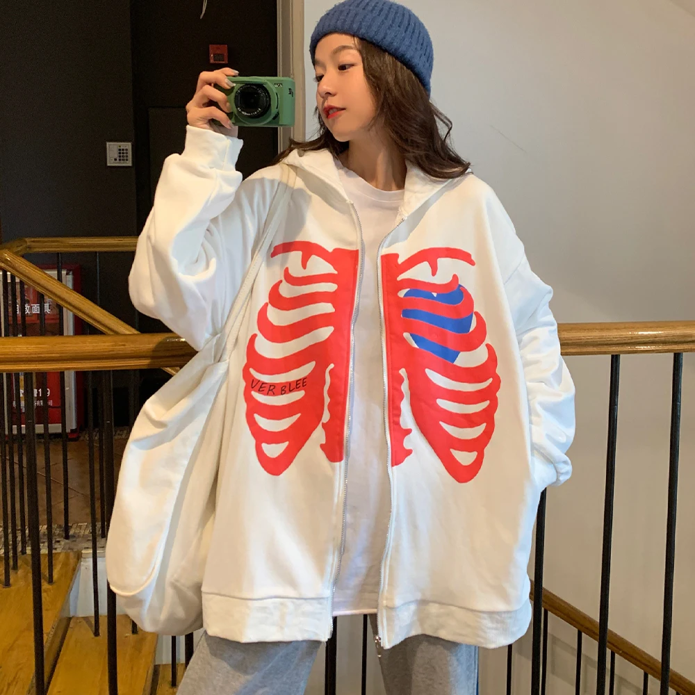 Y2k Jackets Skeleton Hoodies Women Black Zip Up Sweatshirts Female Retro Harajuku Hooded Jacket Men Y2K Streetwear Couple Top