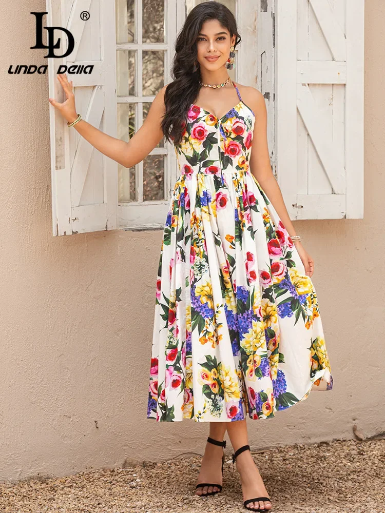 Женское платье на бретельках LD LINDA DELLA летнее Хлопковое с цветочным принтом