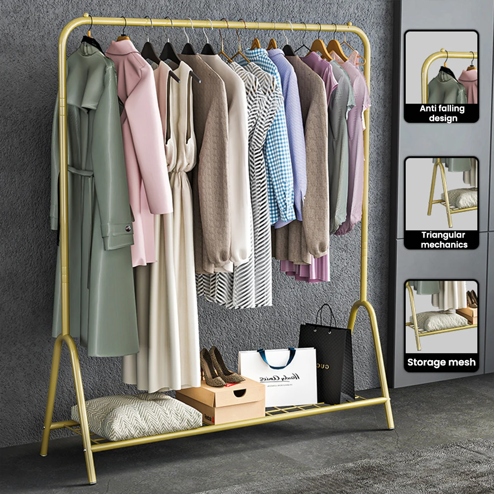 

Cordial Shining Clothes Rack Floor Stand Simple Multifunction Metal Storage Drying Movable Balcony Coat Rack