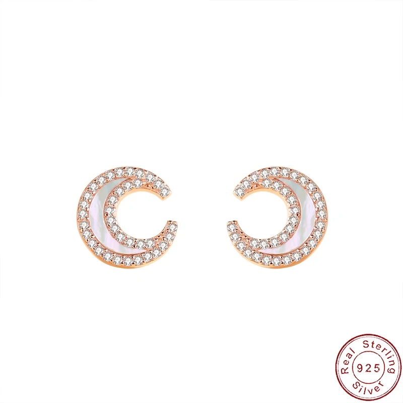 

Fine European S925 Sterling Silver Moon Stud Earrings Women's Simple Fritillary For Women Birthday Party Gift Jewelry+BOX